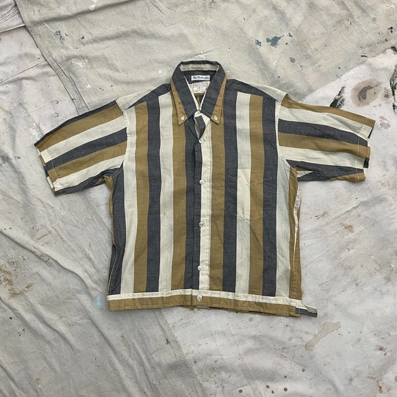 Vintage 1950s Vertical Stripe Side Button Jac Button Collar Shirt Mens S/M - Picture 1 of 11